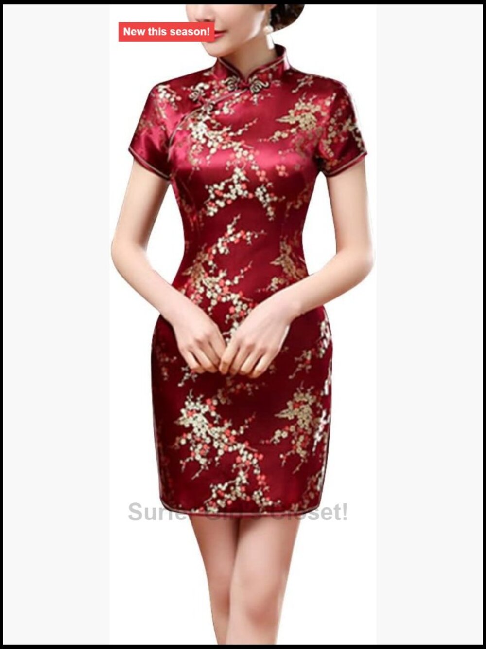 Cheongsam Qipao Bodycon Dress Midi Mandarin Collar Satin Vintage Floral High